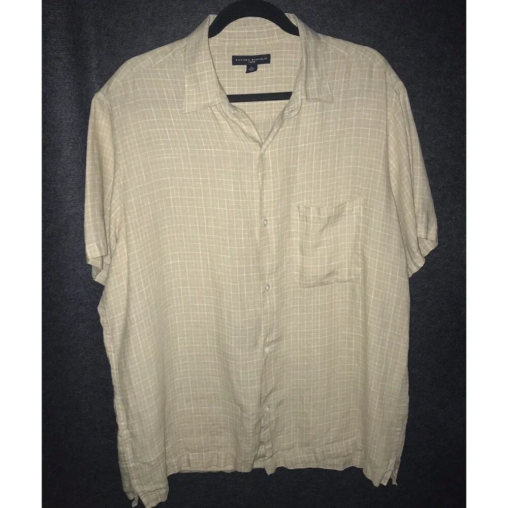 Banana Republic Shirt Tan White Plaid‎ 100% Linen Short Sleeve Button Up Men's